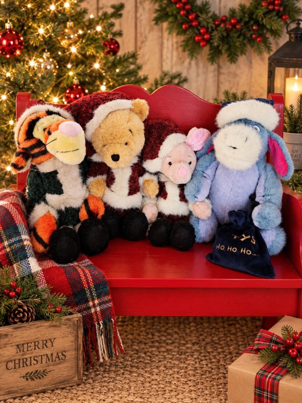 Vintage 1999 Boyds Bears Disney Christmas Pooh Piglet Tigger Eeyore Plush Set